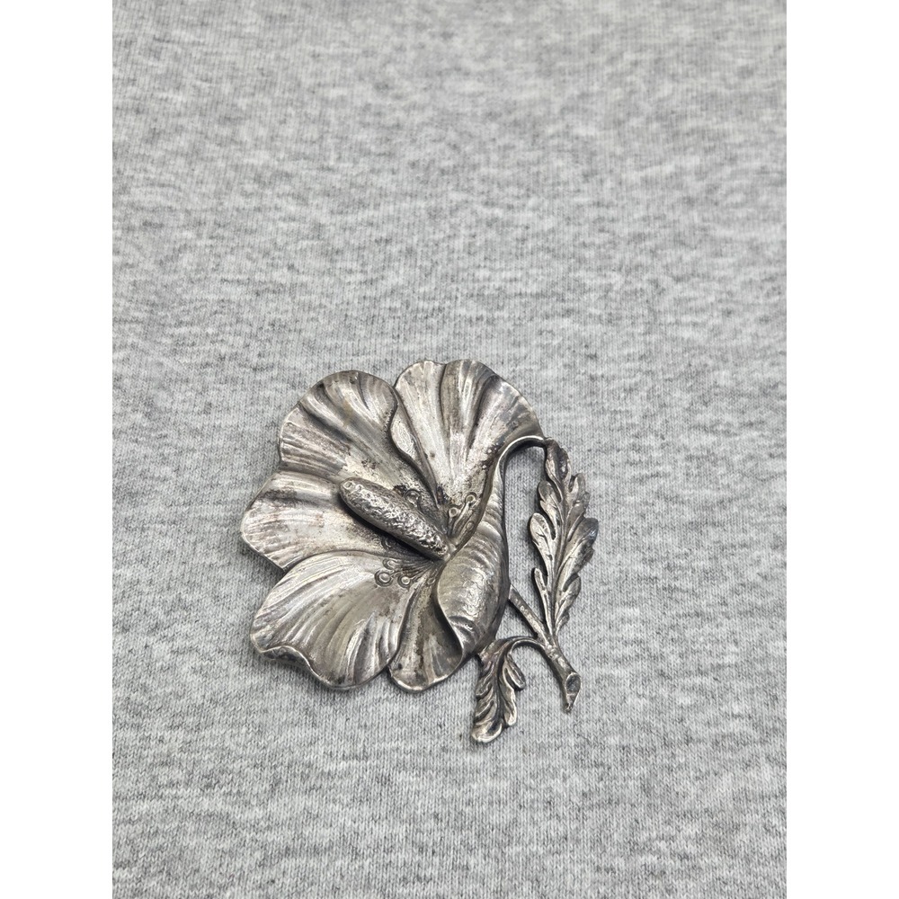 Antique CINI Sterling Silver Hibiscus Flower Brooch Large Heavy 28g Floral